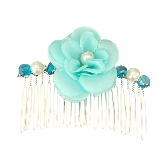 Elegant Silver Beaded Hair Comb with Aqua Flower 3.0” - Picture 4 of 5